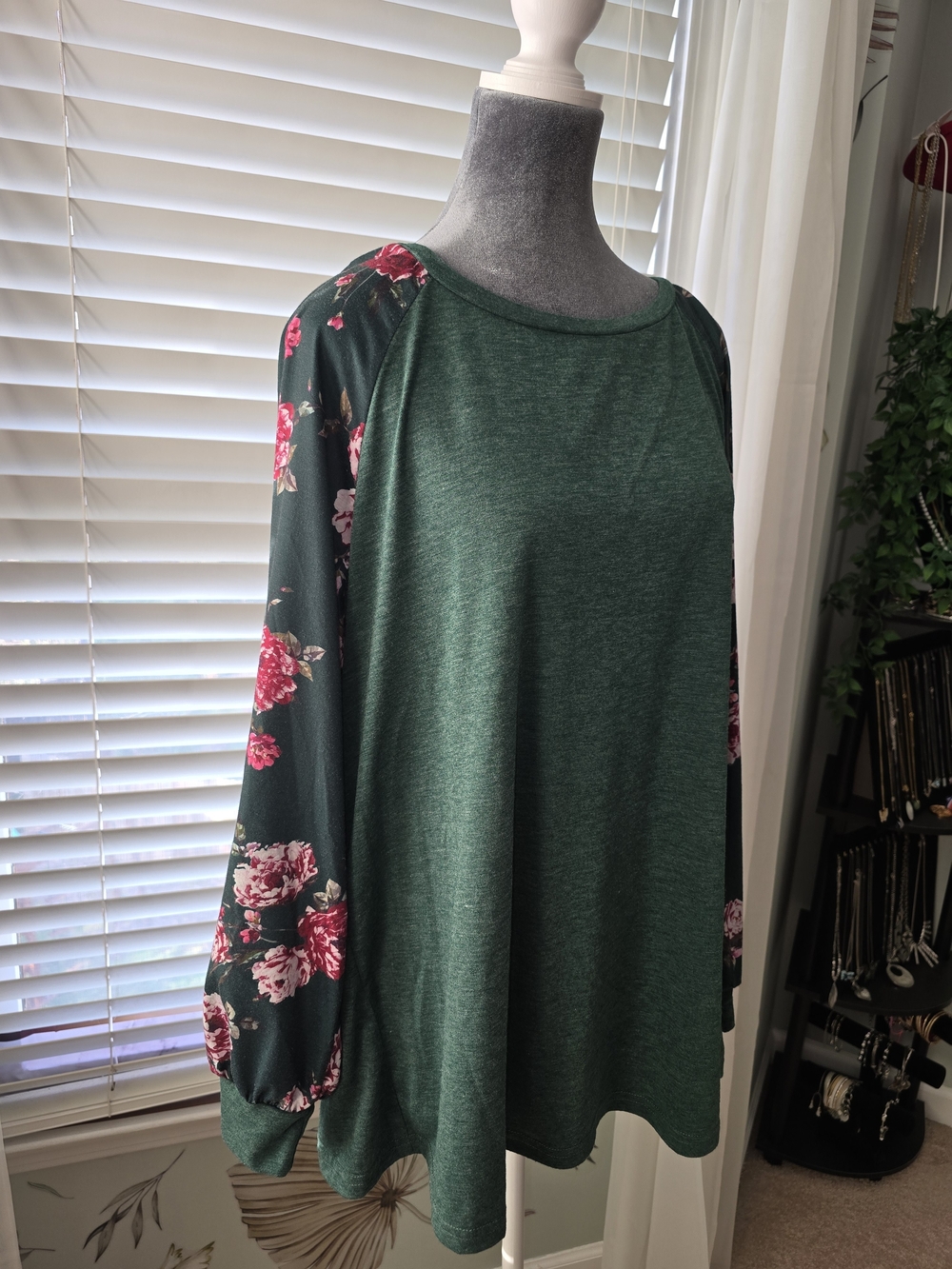 BloomChic Dark Green Raglan Sweatshirt with Pink Floral Sleeves